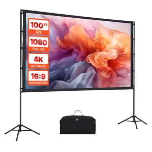 【Summervibes】VEVOR Projector Screen with Stand, 100 Inch 160° Wide Angle Indoor Outdoor Projection Screen, 16:9 4K HD Wrinkleless Portable Dual-Tripod Screens with Carry Bag, for Movie Home Theater Presentation