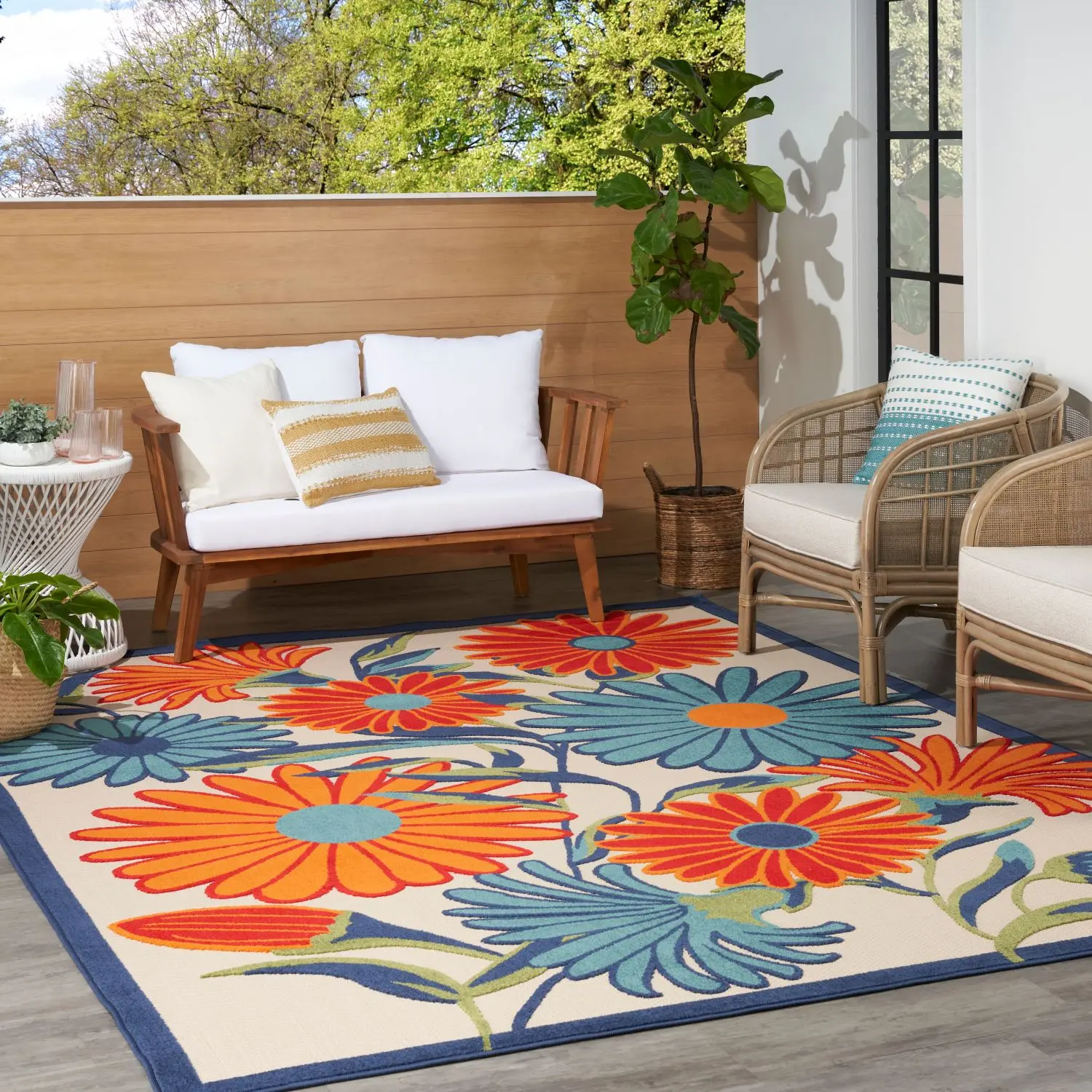 Nourison Aloha Daisy Flower Flatweave Outdoor Home Decor Area Rug, Home Decor Rug, Flatweave Area Rug