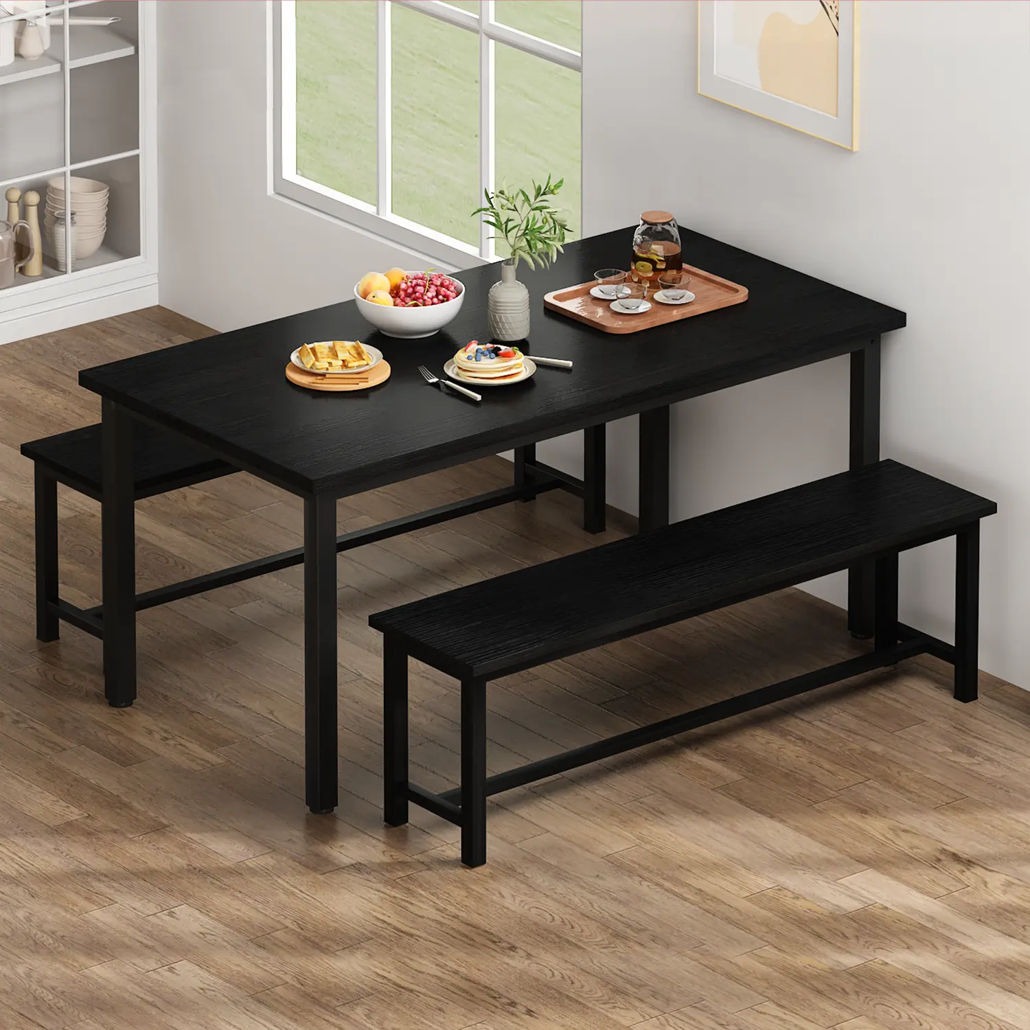 Recaceik Modern Dining Table Set of 4 with 2 Benches - Compact, Space-Saving Contemporary Metal Frame Furniture for Modern Kitchen, Apartment Small Spaces [Indoor Dining Set]