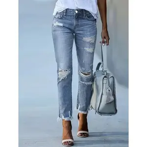Women's stretch twill jeans, street style, mid waist, high stretch denim