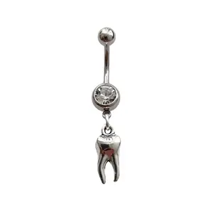 Tooth Punk Style Belly Button Ring, Surgical Stainless Steel 14G Navel Barbell Ring, Gothic Piercing Body Jewelry, Cute 3D Tooth Pendant for Woman, Dental Hygienist