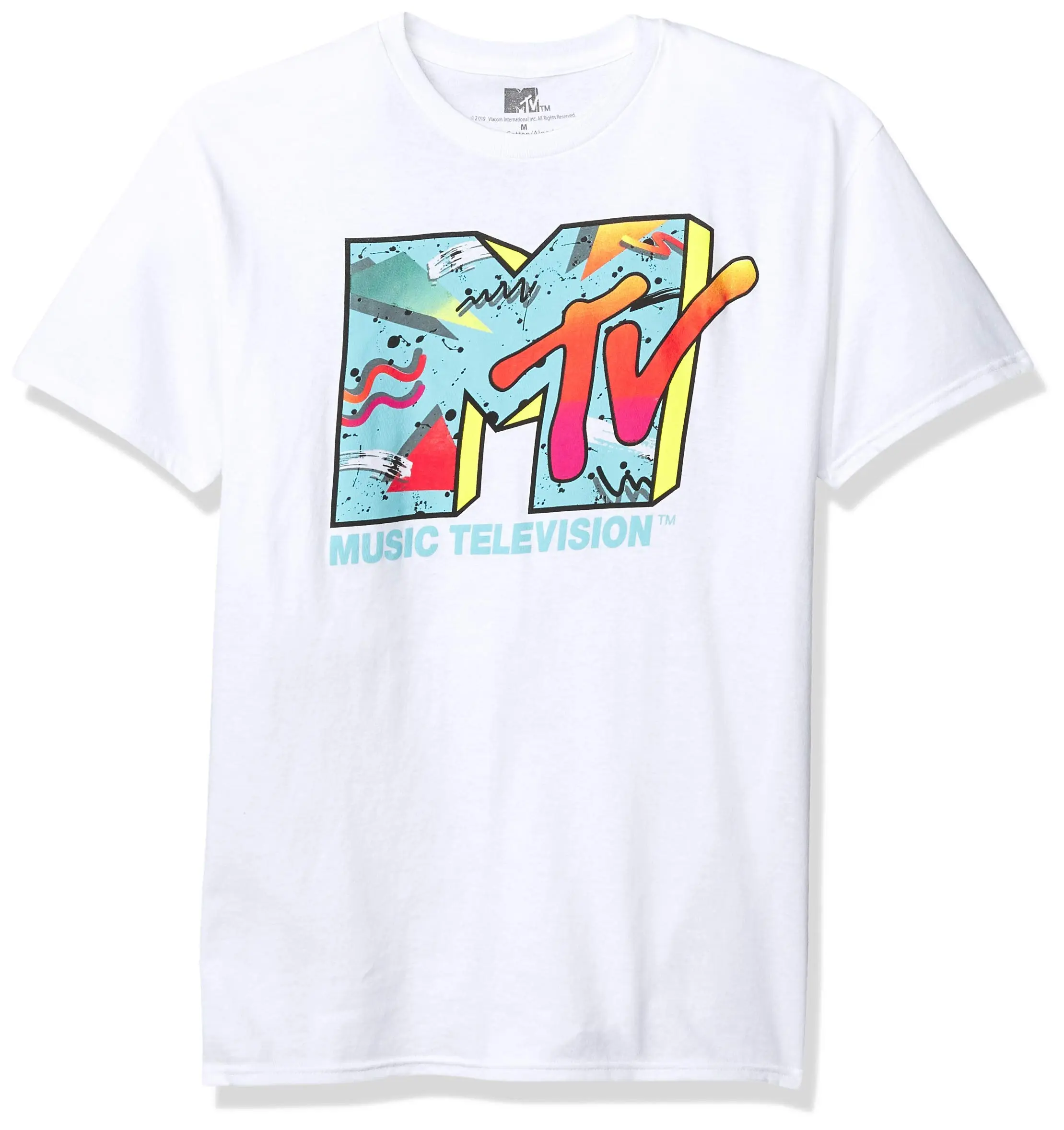 Men's White "MTV" Print Crewneck T-Shirt - Vintage Music Streetwear Top, Relaxed Fit, Cargo Vibe, Pairable with Joggers & Shorts