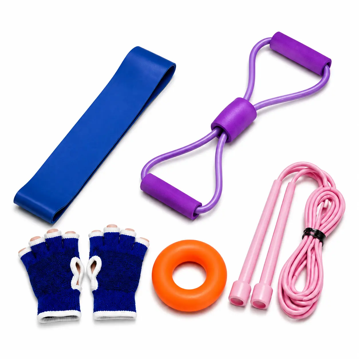 JPTREK Sportswear Set 6pcs Tensile Band Figure Eight Resistance Band Grip Strength Tester Safety Gloves Yoga Ring Skipping Rope Home Gym Fitness Combo for HIIT Workout Body Training Multi Purpose Utility Foldable Adjustable