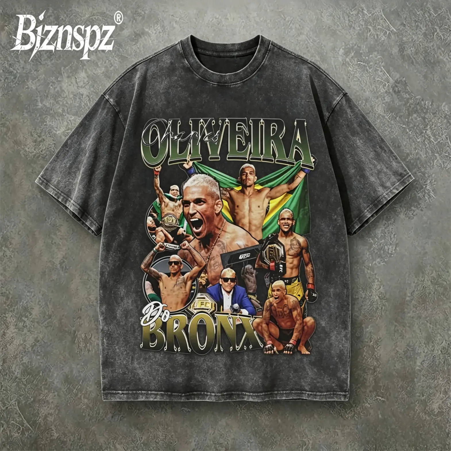Vintage Charles Oliveira UFC Lightweight Champion Retro Graphic Tee, Do Bronx MMA Legend Heavyweight Washed Oversized Cotton Short Sleeve Streetwear T-Shirt