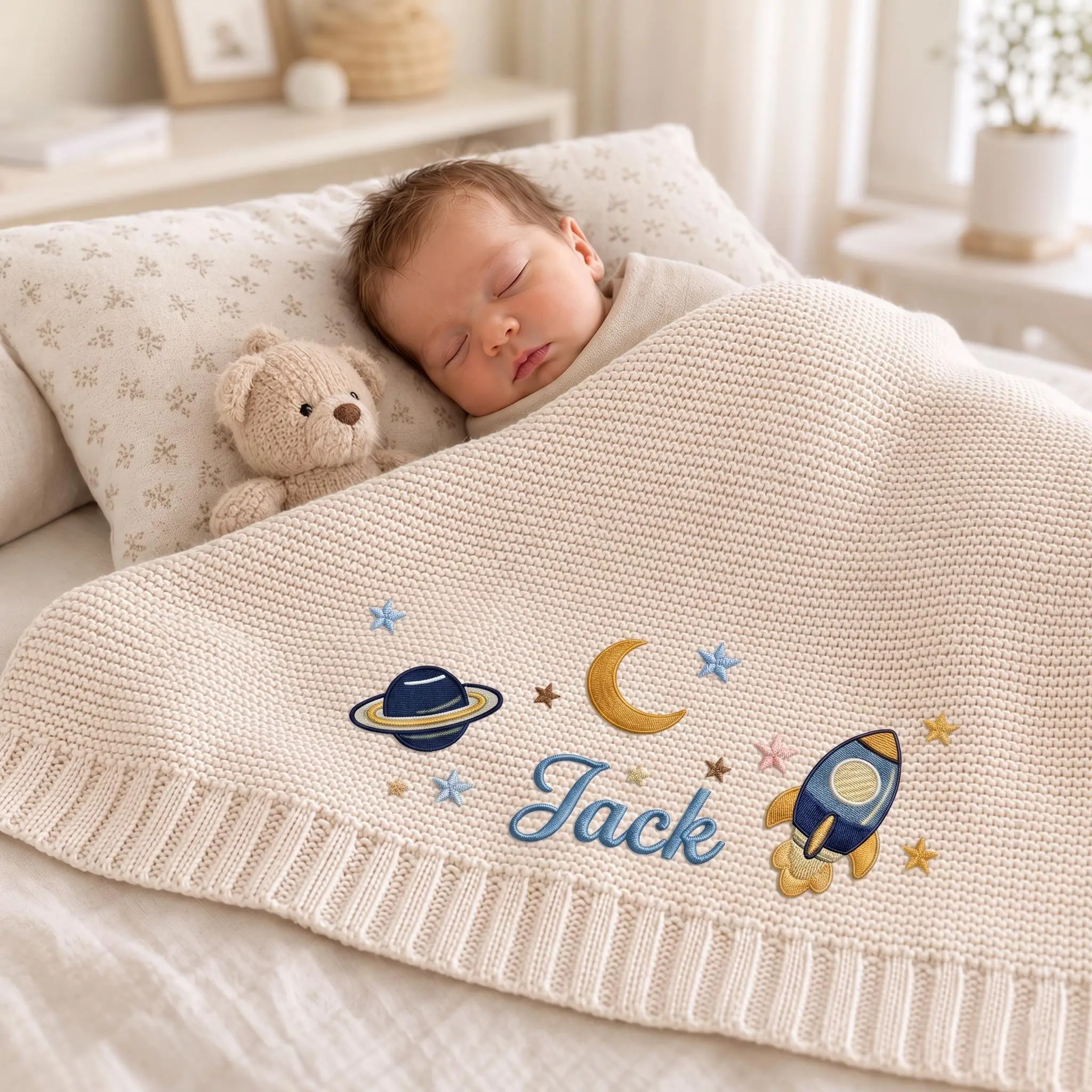 [Made-to-Order] Custom Galaxy Embroidered Baby Blanket, Personalized Astronaut Rocket Knit Blanket with Name, Space Planet Nursery Decor, Newborn Gift