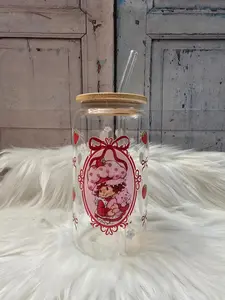 Strawberry Shortcake Glass Cup | 16oz Beer Can Glass with Lid and Glass Straw | Glass Coffee Cup | Glass Tumbler Coffee Cup