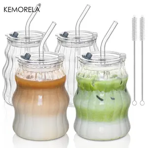 Ribbed Glass Cups with Lids and Straws, Vintage 18oz Design for Iced Coffee, Unique Bubble Glass Aesthetic with Clear Ribbed Finish, Stylish Drinkware