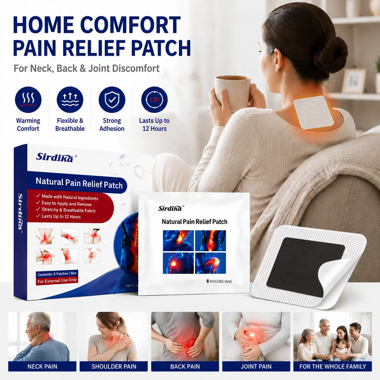 Sirdika Home Comfort Pain Relief Patch for Neck, Back & Joint Discomfort – Everyday Warming Muscle Patch for Family Use