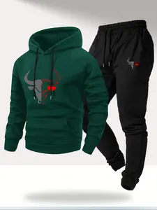 Men's Fall Winter Hoodie Set, Fitted Casual Long Sleeve Pullover, Thick Fabric, Drawstring Pants, Bull Horn Print Design