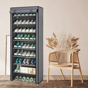 10-layer high-capacity shoe rack with dust cover, 9-compartment multi-functional storage rack, pipe diameter 12mm. The shoe rack at the door saves space and is easy to assemble, suitable for home shoe racks and wardrobes