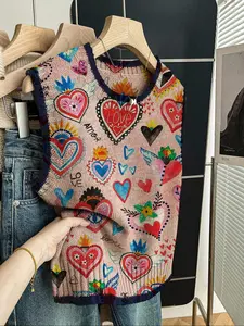 Women's Casual Loose-Fitting Round Neck Sleeveless Knit Top, All-Season Fashion, Heart Print Sleeveless Vests