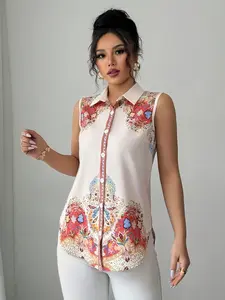 A fashionable pink loose printed sleeveless blouse for women, with a loose fit that is suitable for commuting to work, shopping, and outdoor wear