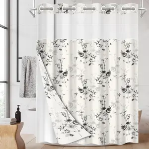 1pc hookless shower curtain with buckle lining, spring black and white floral and bird pattern design, 2D flat printing, fabric waterproof lining, see-through double-layer shower curtain, 71 x 74 inches, modern home draping curtain, Bathroom Curtain