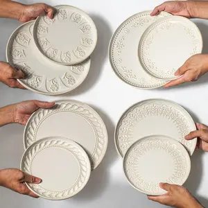 Large Ceramic Dinner Plates -10.75/8.5" PLATES! Set of 4 Embossed Ceramic Dishes - Fits 12oz Steak + Sides | Lipped Edges Catch Sauces | Perfect for Family-Style Pasta & Salad Boards | Microwave/Dishwasher Safe