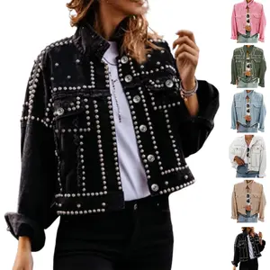 Tanming Women's Long-Sleeve Casual Denim Jacket - Rivet Studded, Distressed, Button-Down, with Pockets | Women's Tops & Coats