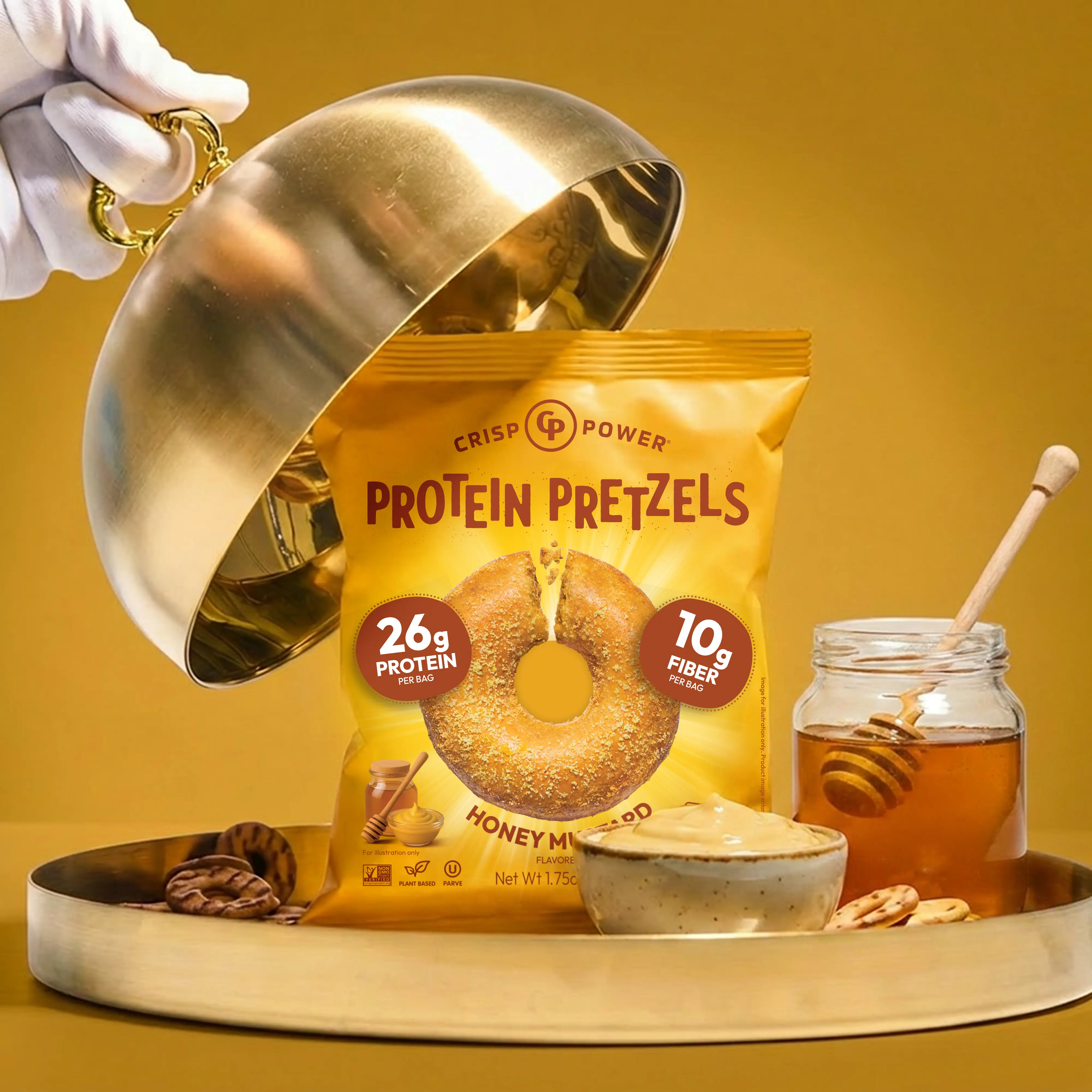 CRISP POWER Protein Pretzels, NEW Honey Mustard Flavor, High Protein, High Fiber, 6g Net Carbs, Crispy, Sweet and Savory, Crunchy Pretzel Snacks, No Added Sugar, 1.75 oz Bags, 6 Pack, Snack