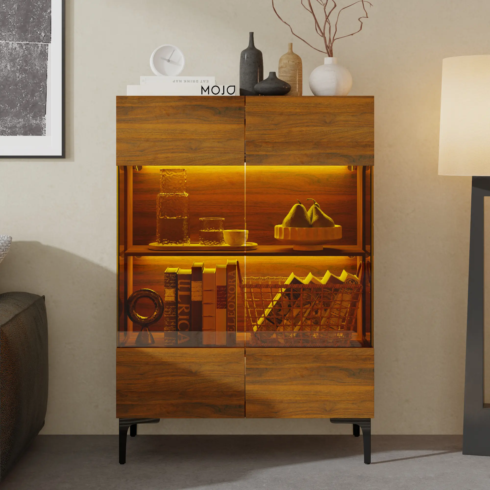 FUFU&GAGA 4-Layer Curio Cabinet with Built-in Warm Light Strip, Golden Amber Glass Door, Cabinet Storage for Figures, Toys, Books – Ideal for Office, Living Room