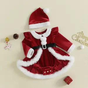 Baby Girls Christmas Romper Dress Plush Patchwork Long Sleeve Jumpsuits And Cute Santa Hat Set For Toddler Outfits Christmas Dressed Girl Baby Jumpsuit Pantsuit