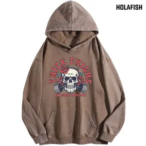 Holafish Unisex Acid Wash Hoodies Thick-thig Hed and Sleep-deprived Hoodie, Muscular Mom, Workout Sweatshirt, Workout Sweatshirt Hooded ,Gym Rat Essential: Thick Thighs & Sleep Deprived Hoodie