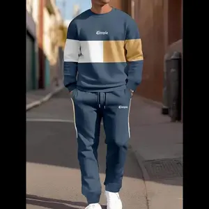 Men’s patchwork letter-print crewneck sweatshirt and sweatpants set; casual sporty breathable round-neck long-sleeve pullover and jogger pants with pockets; men’s two-piece set; menswear; athleisure style athleisure wear; sportswear clothing