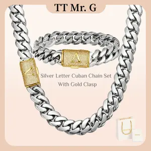 Silver Stainless Steel Cuban Link Necklace & Bracelet Set for Men, 14mm Heavy Miami Cuban Chain with Gold Brass A-Z Initial Letter Clasp, Two-Tone Hip Hop Streetwear Style, Personalized Matching Jewelry Set Gift for Him, Bold Daily Wear Statement Chain