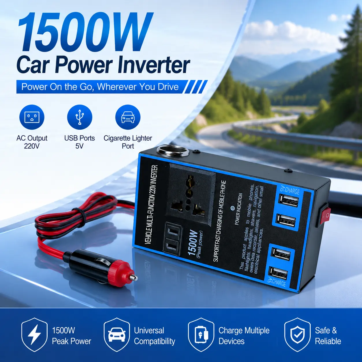 12V 24V Car Power Inverter 1500W Peak, DC to AC 220V Multi-Function Vehicle Power Converter with 4 USB Ports for Road Trips