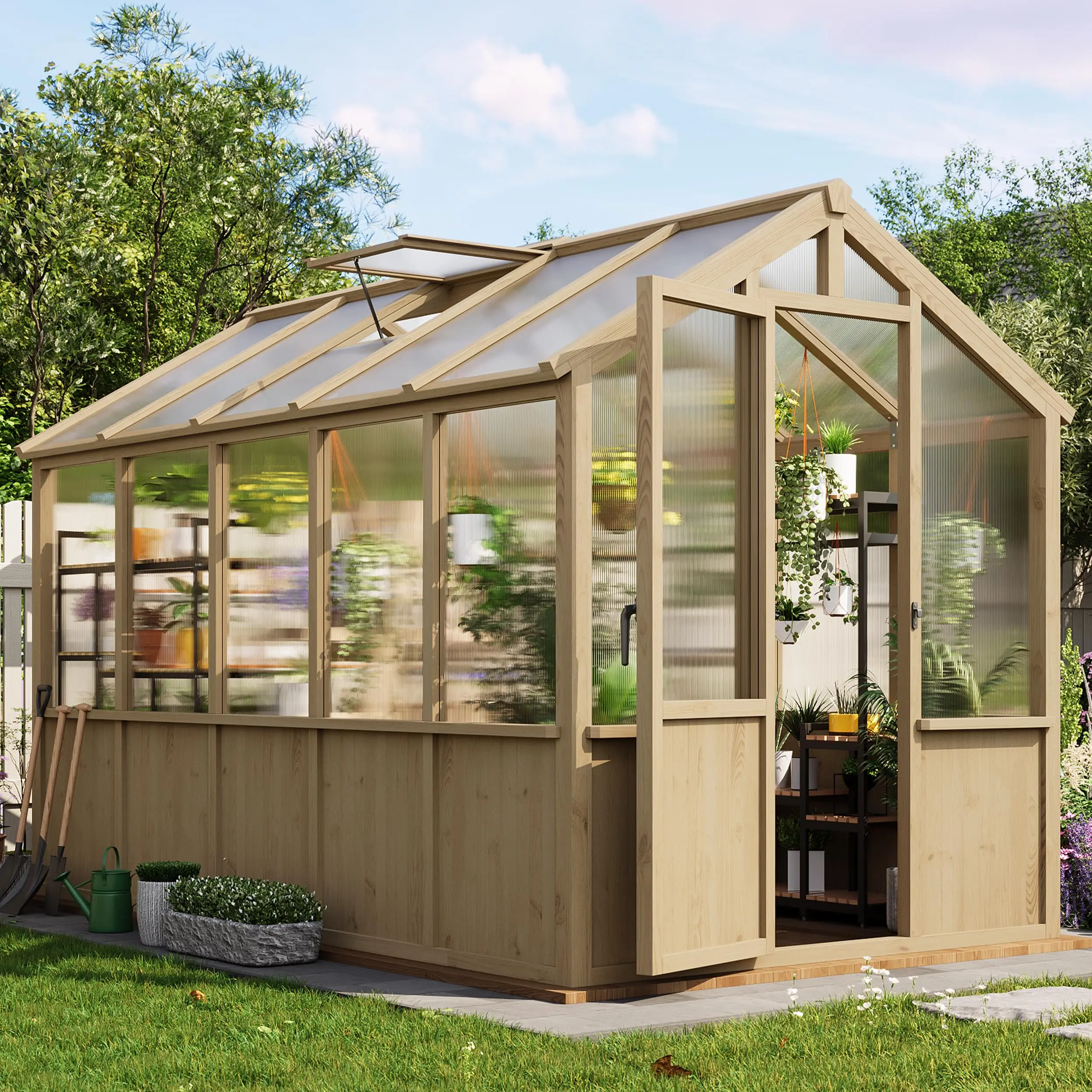Garvee 6x10 FT Heavy Duty Cedar Wood Polycarbonate Greenhouse - Walk-in Outdoor Greenhouse for Garden, Backyard, Large Spruce Frame with PC Panels, Adjustable Vents & Lockable Door for Gardening Enthusiasts