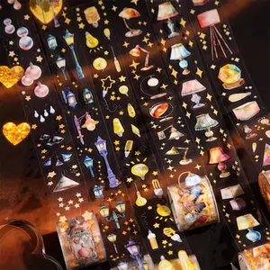 6 rolls of 12m themed decorative tape for lighting fixtures, featuring table lamps, street lamps, and bulb patterns made of PET waterproof material, light retro style, DIY base decoration scrapbook material tape