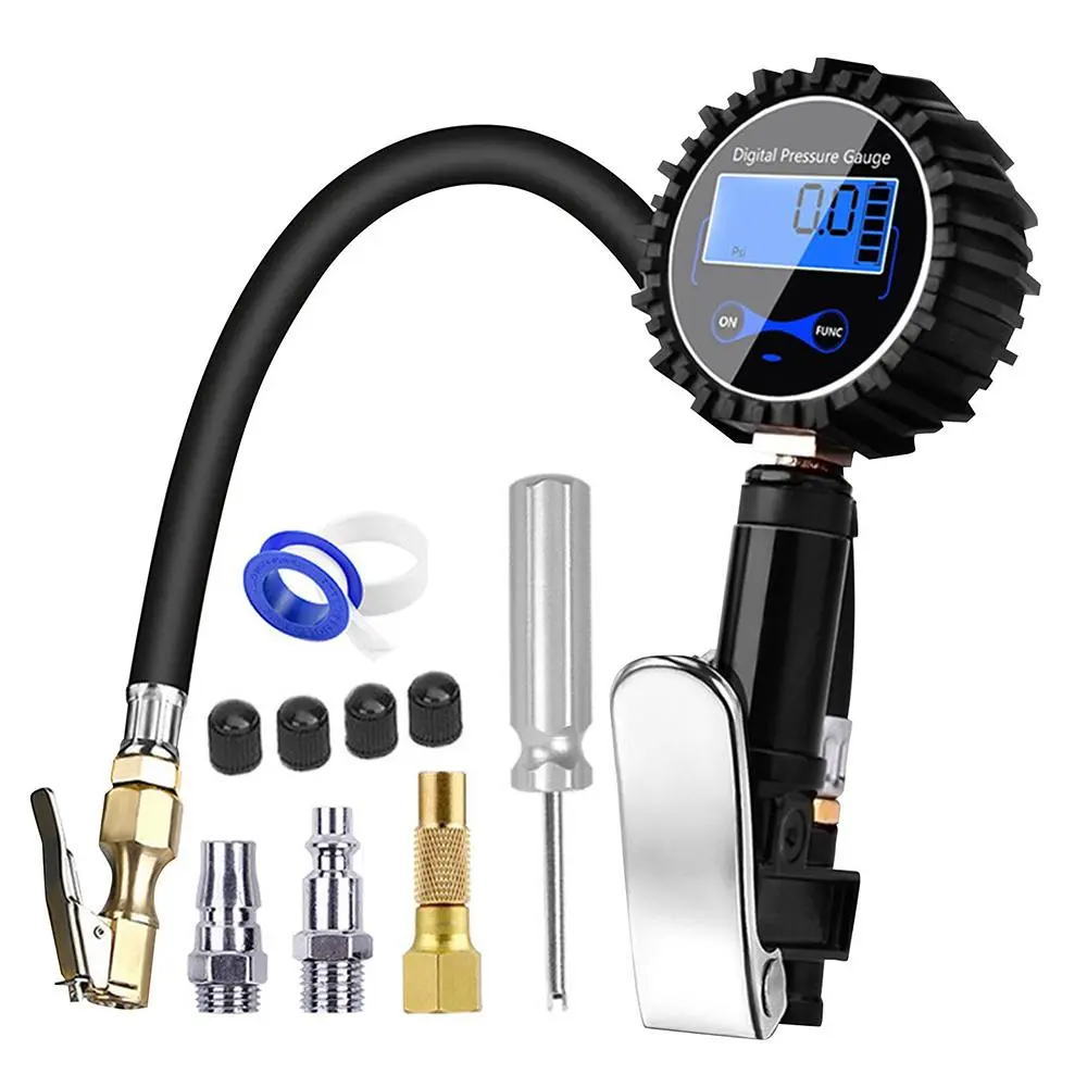 250PSI Digital Tire Pressure Gauge, Car Tire Inflator Gauge with Air Line Clip-on Tyre Pump, Universal Aluminum Alloy, Men Gifts, Automotive Tire Pressure Tool, Air Pressure Gauge for Tires