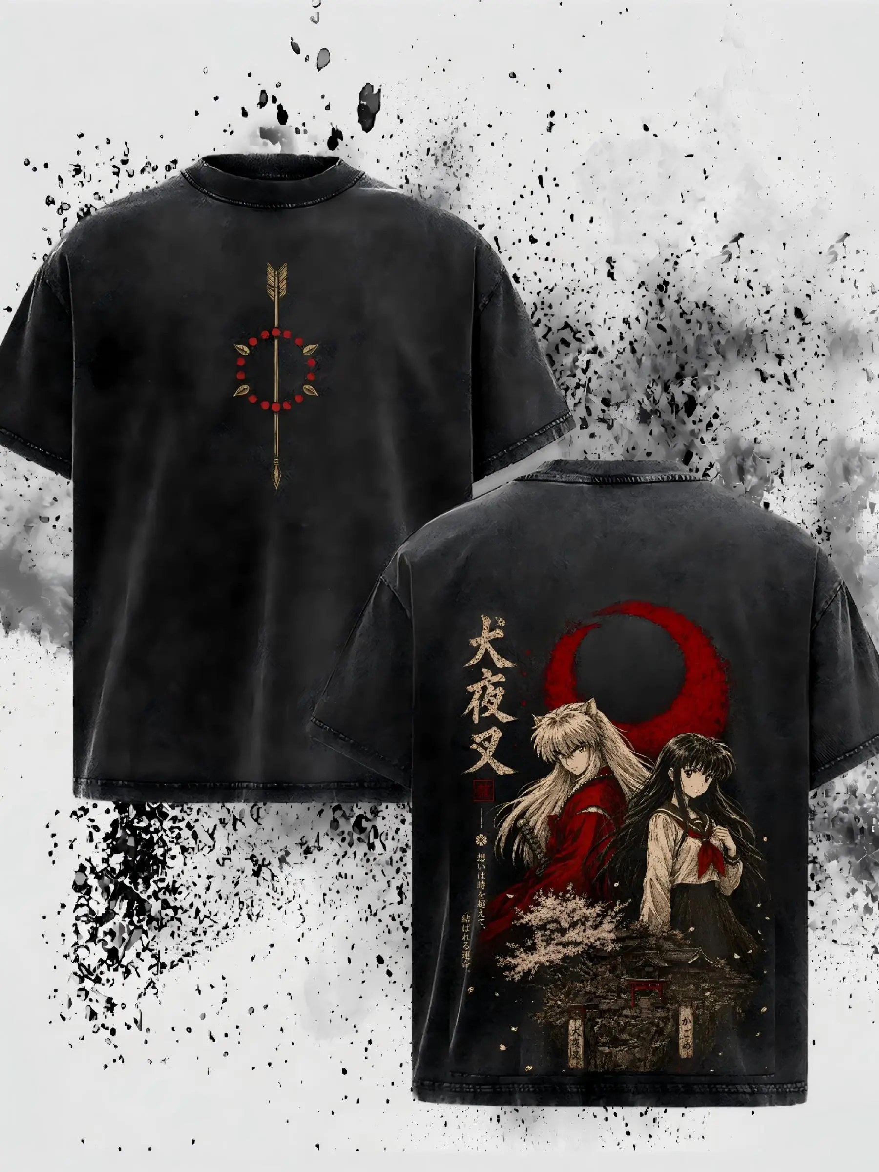 Men's 100% Cotton Inuyasha & Kagome Vintage Acid Wash Oversized T-Shirt - Double-Sided Graphic Anime Streetwear Top