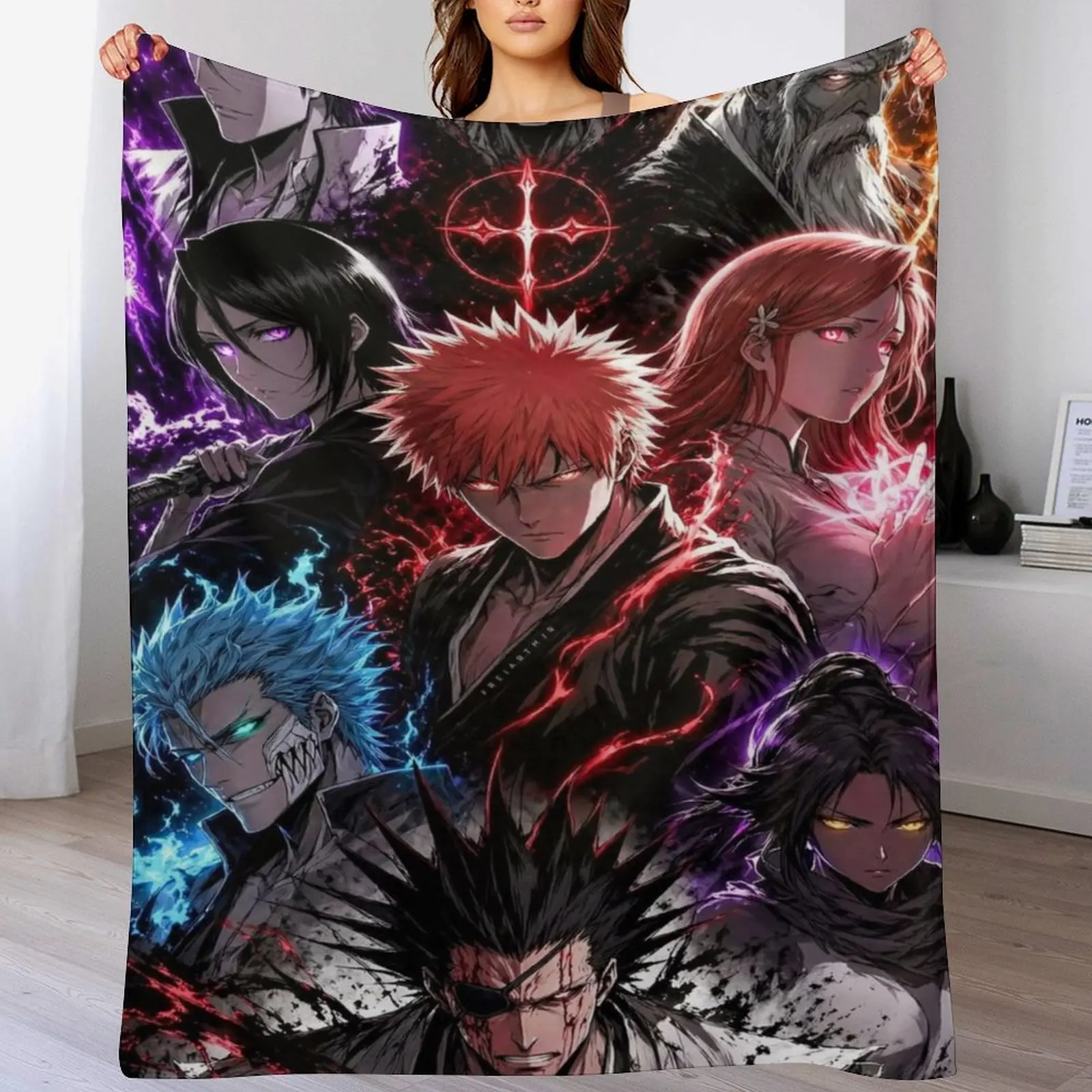BLEACH Ichigo Kurosaki and Shinigami Crew Flannel Throw Blanket, Cool Anime Style Fleece Blanket with Bleach Characters Print, Warm Cozy Blanket for Bedroom Couch
