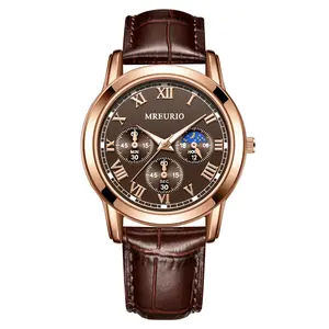 MREURIO Luxury Men's Sun & Moon Phase Watch | Sophisticated Rose Gold & Coffee Leather Business Timepiece | Timeless Couple's Gift Set | Premium Quartz Movement | Elevate Your Style