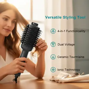 Aibesser 4-in-1 Dual Voltage Hot Air Handle Volumizer Hair Dryer Straightener Curler with Ceramic Tourmaline Ionic Curling Brush Lightweight Plug，Dryer/Curler/Straightener/Scalp Massager, Anti-Scald Bristles, Intelligent Heat Control, Cold & Hot Air Cycle