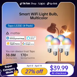 TP-Link & Tapo L535E(4-Pack) Smart Light Bulbs, 1100 Lumens High Brightness (75W Equivalent), Matter-Certified, 16M Colors WiFi Light Bulb, Dimmable, Works w/Siri, Alexa & Google Home,A19 E26