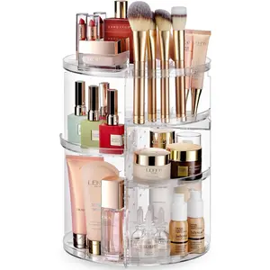 Masirs 360 Rotating Makeup Organizer Countertop - Adjustable Shelf Height - The Perfect Round Spinning Cosmetic Organizer for Bedroom Dresser or Vanity Countertop Storage (Clear)