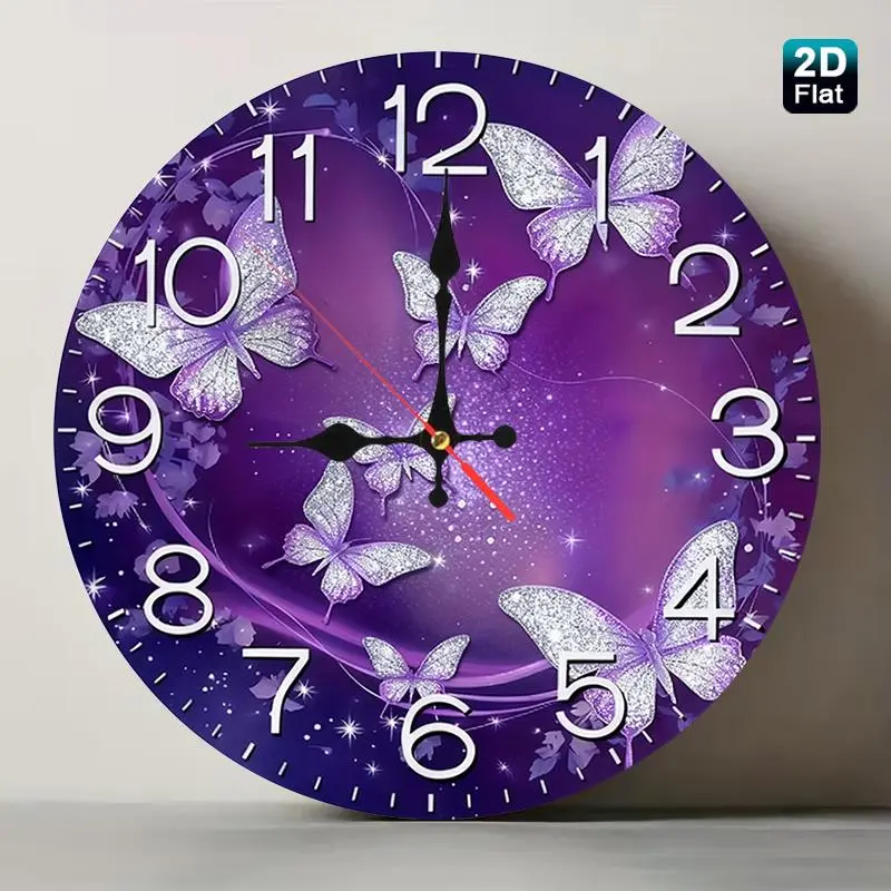 1pc Silver Butterfly Purple Sparkle Star Wall Clock | Gorgeous Dreamy-Style, Silent Round Clock, Battery-Powered(AA Not Included), Ideal for Home, Classroom, Office, School Decor, Perfect Holiday Gift 12x12inch