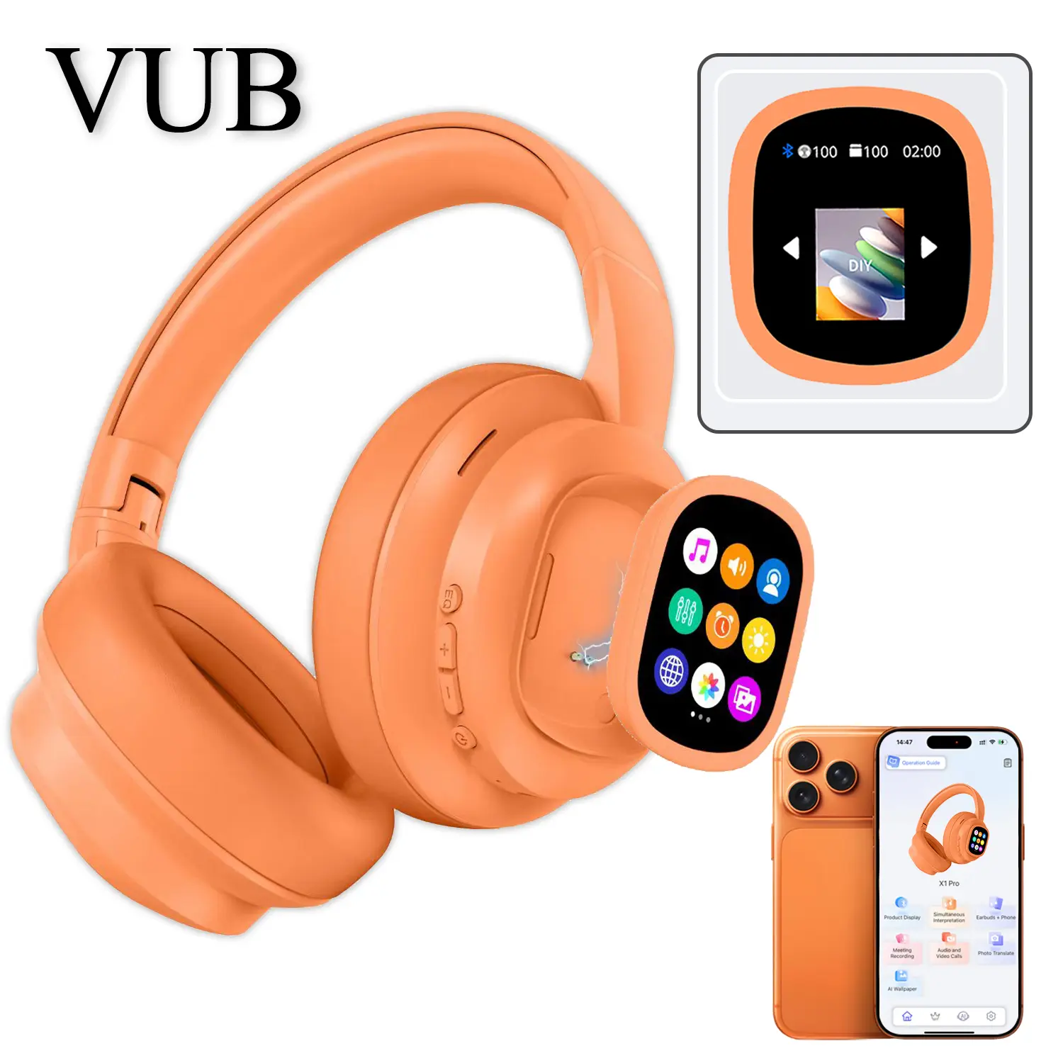 VUB Bluetooth 6.0 LCD Touchscreen Wireless Earphones with DIY Wallpapers and Multiple Sound Effects – A Perfect Gift for Both Men and Women