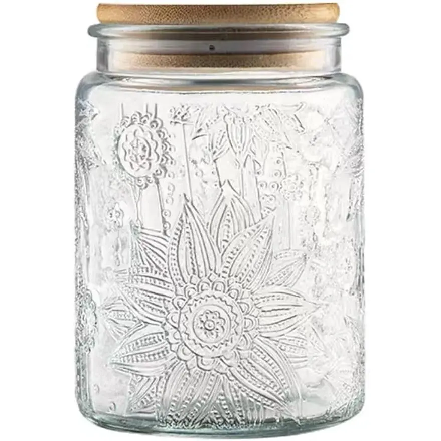 MIUVA 23.7 FL OZ Vintage Lead-Free Thick Glass Candy Jar with Airtight Bamboo Lid - Silicone-Sealed Home Organizer for Tea, Coffee, Coarse Salt, Kitchen Counter Pantry Storage Bottles & Jars, Coarse Salt Storage Bottles & Jars