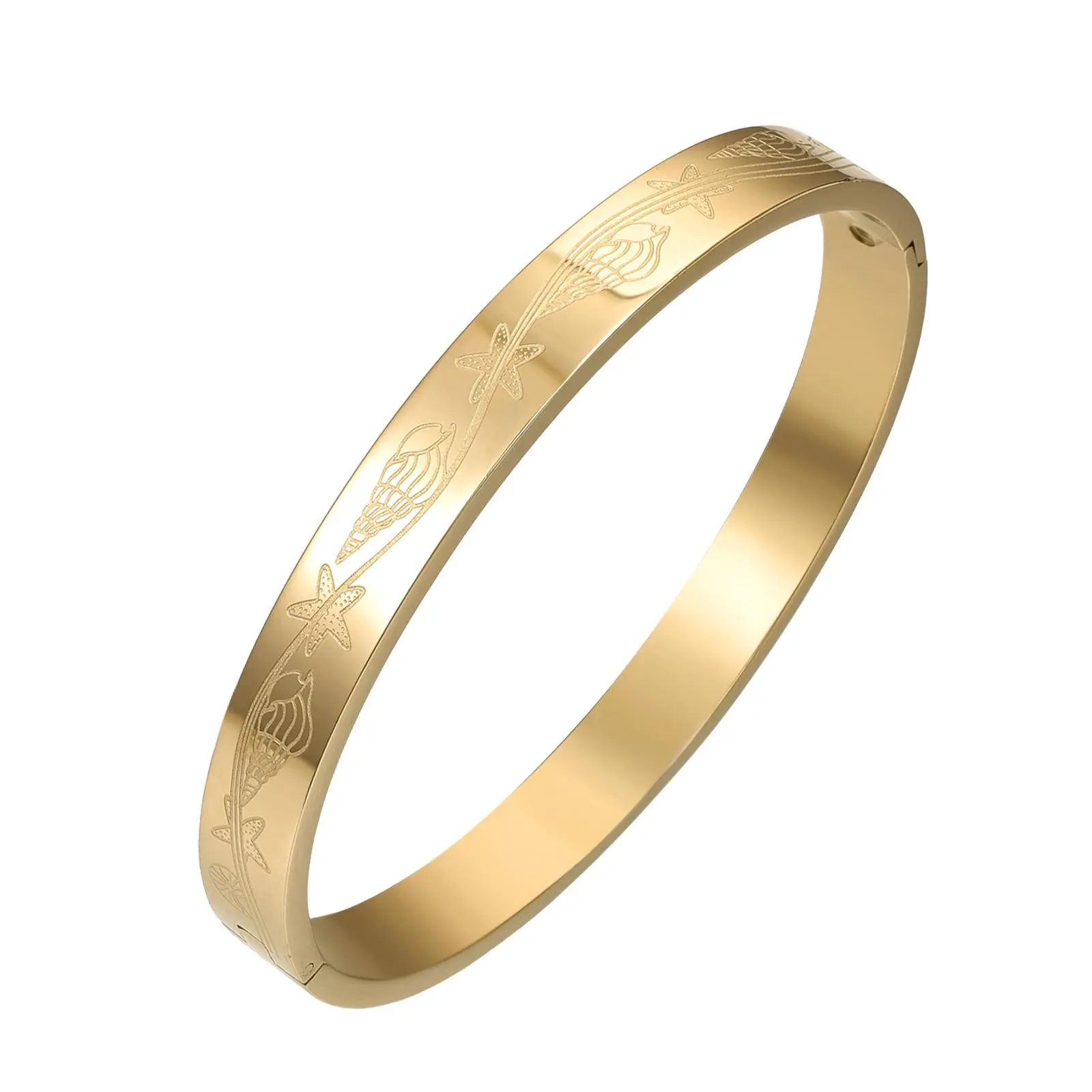 OIDEA Unisex Stainless Steel Cuff Bangle, Beach Style Nautical Jewelry with Starfish Engraving & Shell Motifs, 7.09" Inner Circumference, 0.10" Thickness, 0.31" Width, Stackable Beachwear, Anniversary Birthday Gift