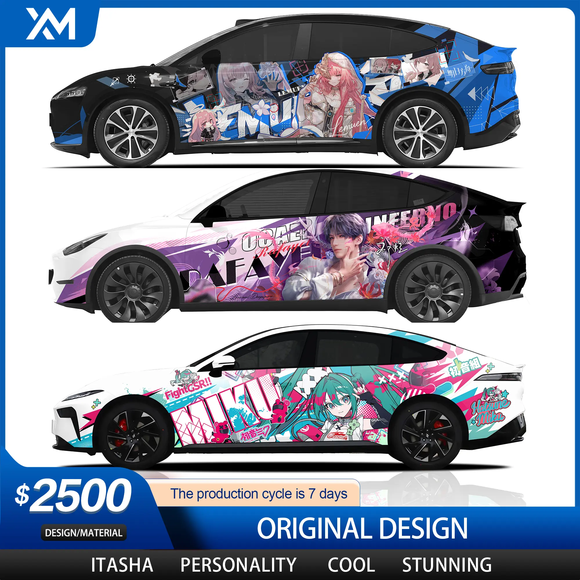 Custom vehicle wraps, Tesla color changes, racing liveries, custom automotive graphics, personalized styling, "itasha" (anime-style) designs, and custom decals.