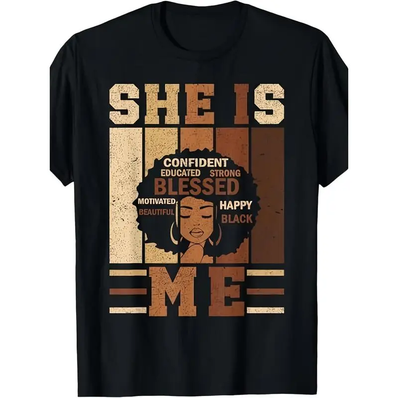Unisex Empowering Black History Juneteenth Graphic T-Shirt - She Is Me, African Woman Portrait, Positive Affirmations, Everyday Street Style Essential, Casual Crew Neck Short Tee, Quality Fabrics, Regular Fit, Shortsleeve