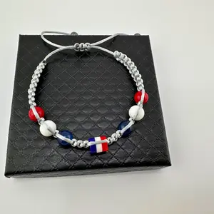 Dominican Colors Braided Adjustable Bracelet with Red White and Blue Beads on Gray Cord Elegant Design & Adjustable Fit