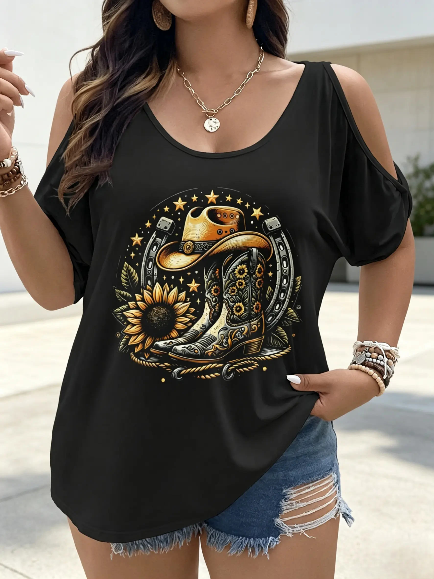 Plus Size, Women's Western Cowgirl Boot, Sunflower & Star Print Cold Shoulder T-Shirt - Short Sleeve Off-Shoulder Top, Plus Size Summer Casual Western Tee for Cowgirl Outfits, Soft Lightweight Top for all Body Types women oversized tshirt retro