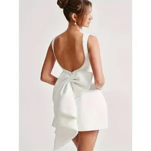 New Women's Elegant A-Line Sleeveless Dress with Pearl Accents & Removable Bow - Slim Fit Zipper Back, Machine Washable Polyester wedding gown Womenswear Fabric Solid Basic