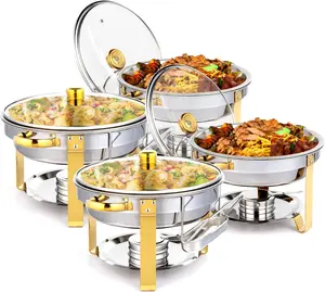 ROVSUN 5QT 2/4 Packs Chafing Dish Buffet Set Gold Accent, NSF Round Stainless Steel Buffet Warmer Chafers and Buffet Warmers Sets with Glass Lid & Lid Holder for Catering Events Parties Weddings Dinners