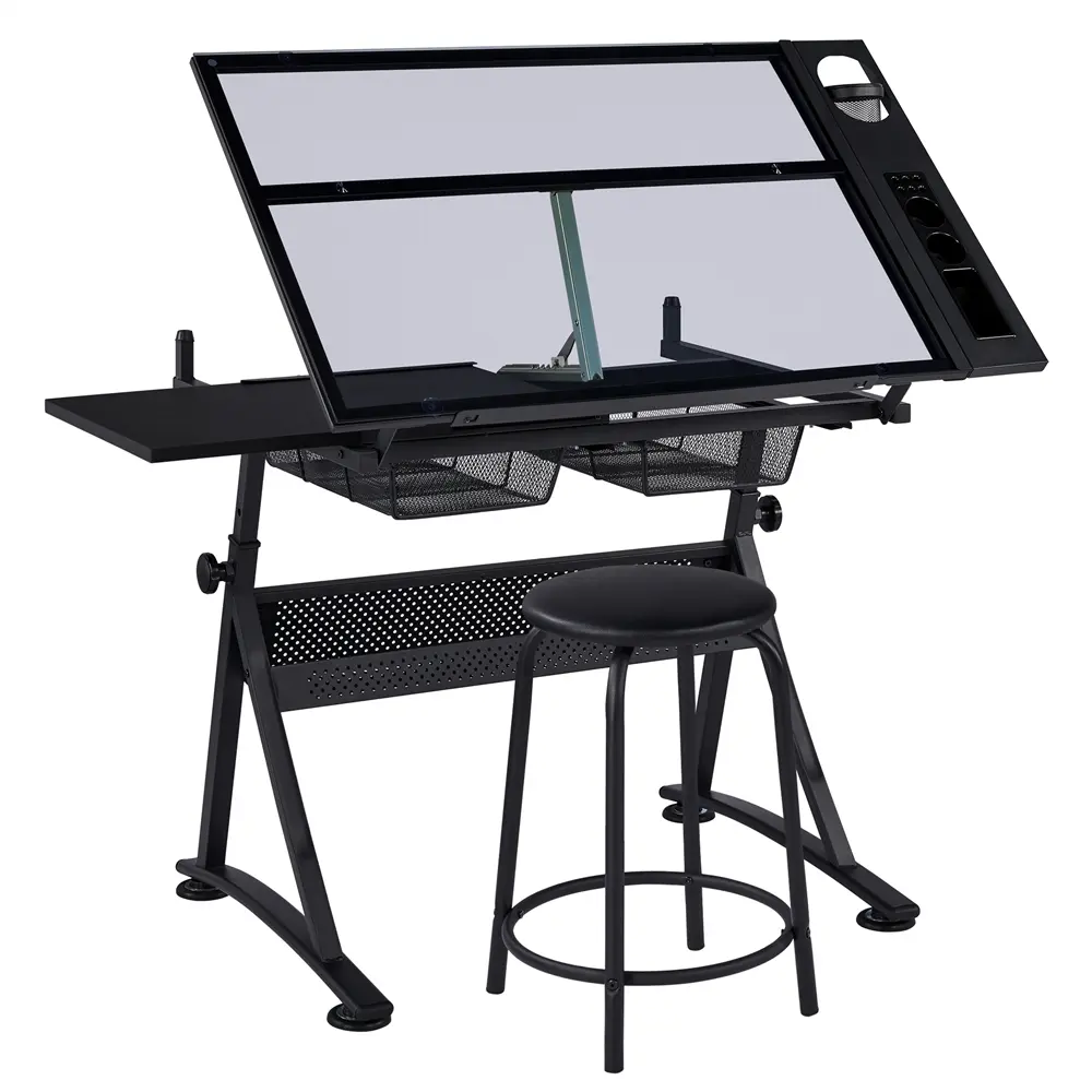 Yaheetech Height-Adjustable Drafting Table & PU Leather Stool Set - Furniture with Storage Drawers, Adjustable Mechanism/Compact/Ergonomic Tables for Artists, Commercial Office Work Station, Adjustable Mechanism Tables