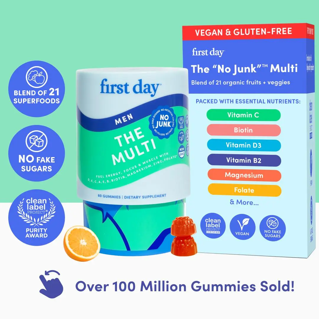 First Day Men's Daily Multivitamin Gummies 18+, Natural Orange Flavor — 21 Organic Superfoods, 13 Key Nutrients, Vitamin C D3 B12 Magnesium Zinc Biotin — Immunity, Energy, Focus, Heart Health, Bone Health — 30-Day Supply, Vegan, Non-GMO, No Junk