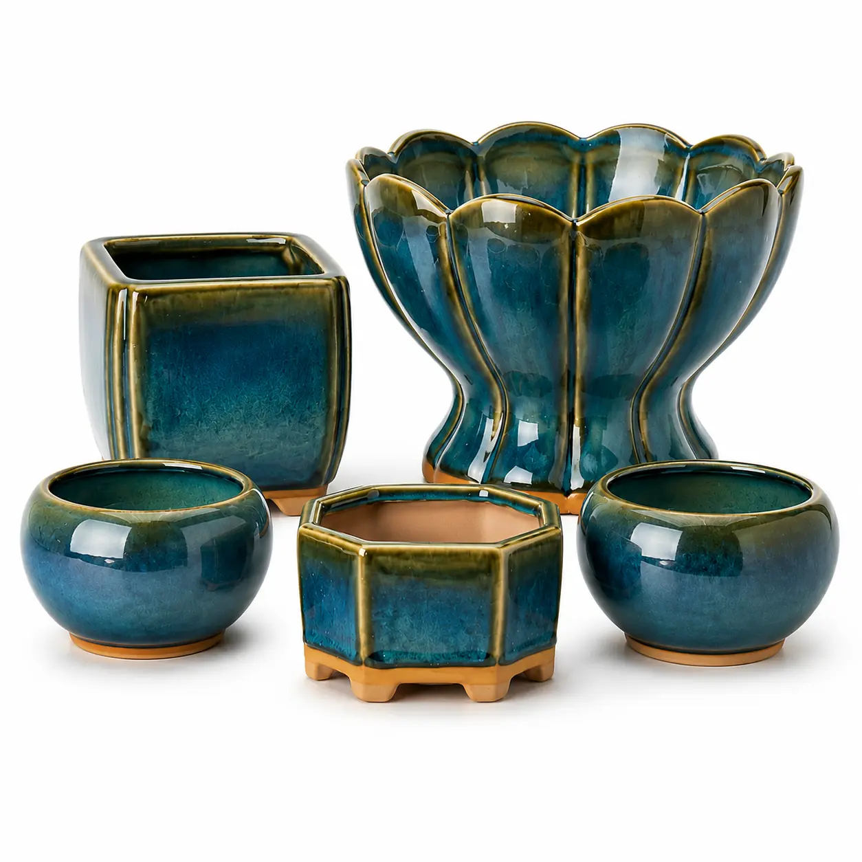 Modern 5-Piece Ceramic Plant Pot Set, Polished Lake Blue Succulent Planters in Mixed Shapes for Indoor and Outdoor Planting, Patio Table, Garden, Balcony and Windowsill, Gift for Plant Lovers