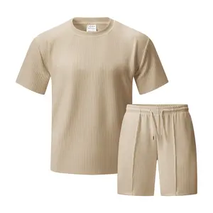 Men’s summer waffle-texture athletic set Short-sleeve T-shirt + casual shorts two-piece set Comfortable breathable loungewear set
