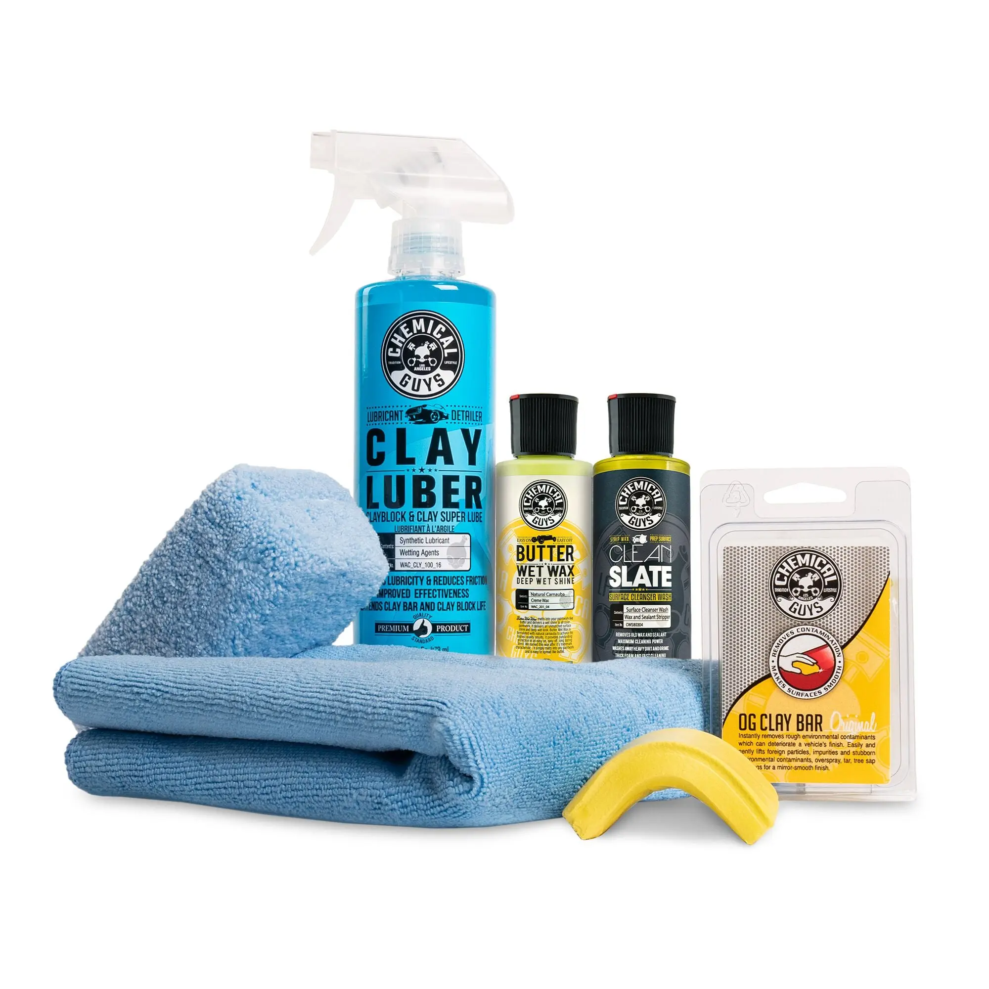 CHEMICAL GUYS Complete Clay System Kit – All-in-One Wash, Clay, Lube & Wax Kit with Clean Slate Strip Wash, OG Clay Bar, Clay Luber, Butter Wet Wax, Microfiber Towel & Applicator for Glass-smooth Paint Prep & Professional Shine